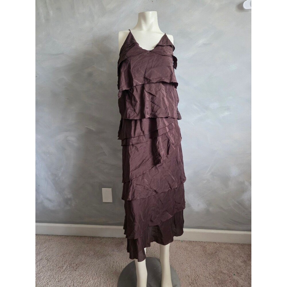 ZARA BROWN Asymmetrical Tiered RUFFLED Long Maxi Midi DRESS SIZE S Whimsical